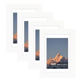 Set of 4 White Wooden Photo Frames with Mat